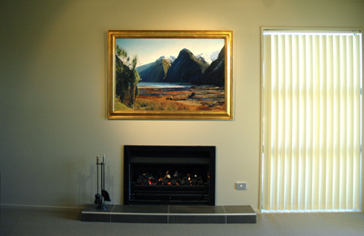 The original, 'Blue Dat at Milford' by Grant McSherry is a large size oil painting, finished in a hand crafted, gold leaf frame.