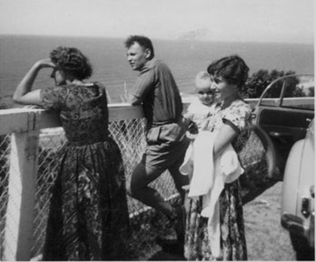 Lookout at the Ohope Beach hill. Artist Gant McSherry as an infant with parents & Grandmother.